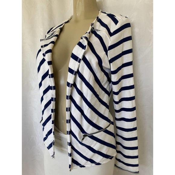 DREW Anthropologie Blue Navy White Stripe Cotton Blazer Jacket Open Long… - Picture 2 of 4